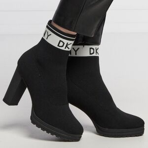 DKNY Tessa Knitted Monogram Ankle Sock Booties Chunky Rugged Heel Size 10